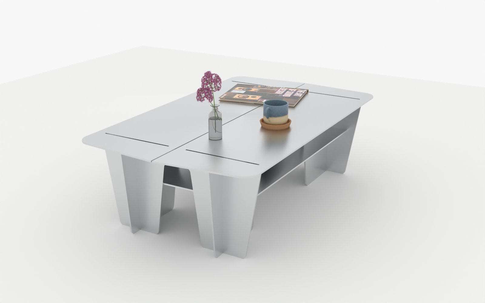 Styled in a minimal living room, with a scale model on top